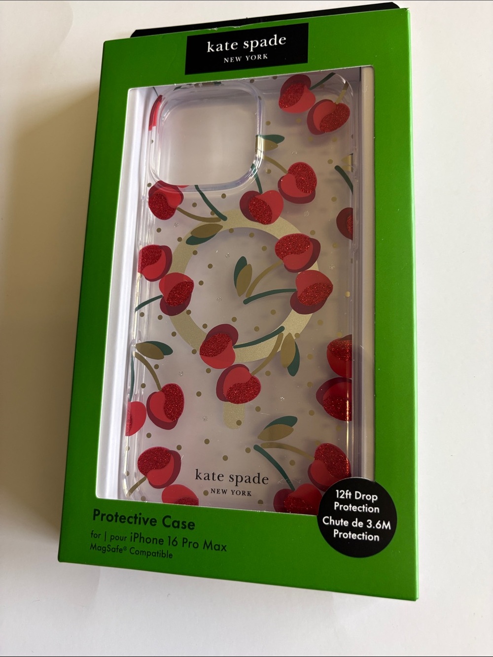 NWT Kate spade Clear iPhone 16 Pro Max Case with Red Cherry Design and Gold Acce